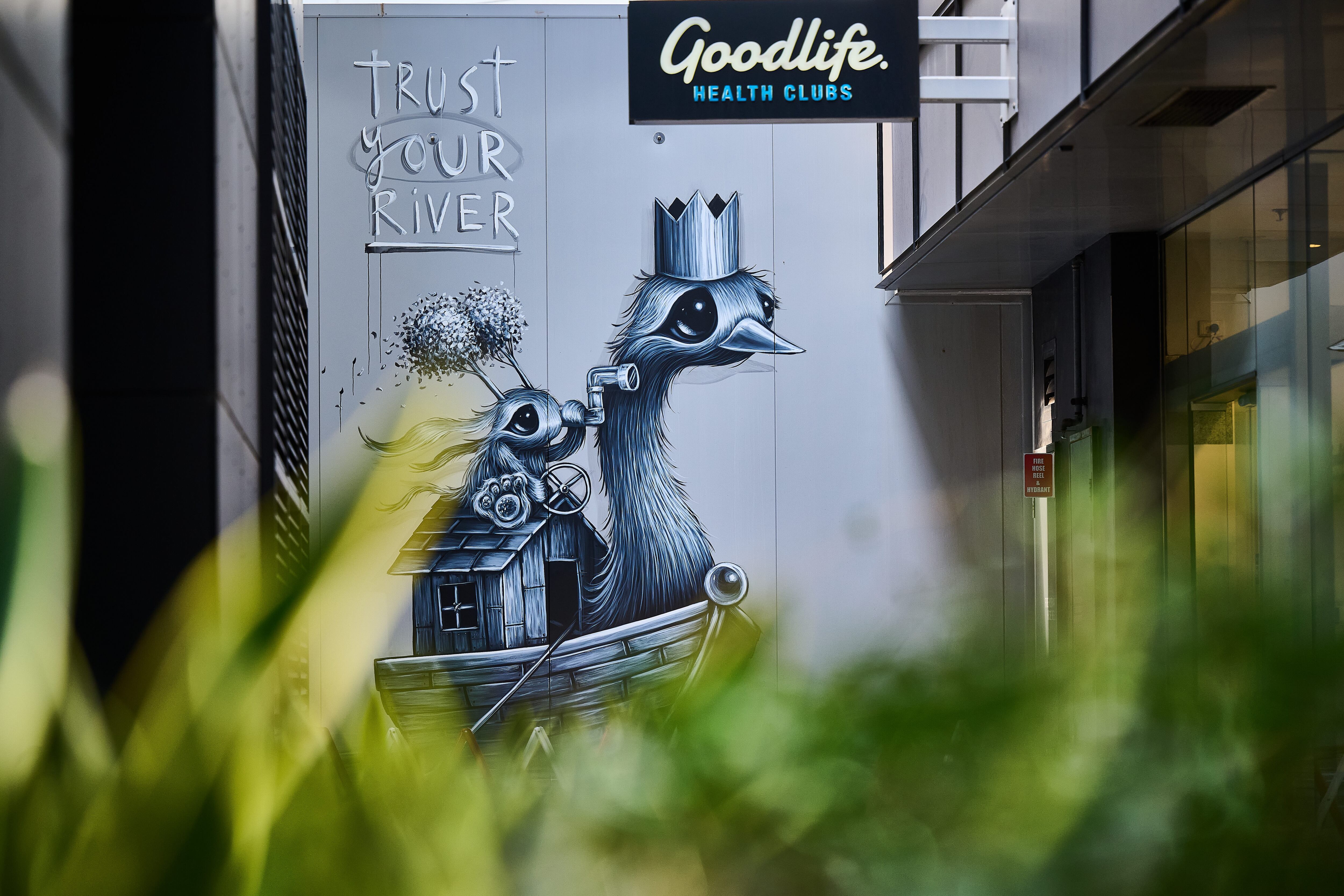 Street art mural in a narrow urban alley depicting a whimsical black-and-white emu wearing a crown and carrying a mouse with a flower hat in a small boat. The text "Trust Your River" is written beside the artwork. The mural is partially framed by blurred green plants in the foreground, and a "Goodlife Health Clubs" sign hangs above.