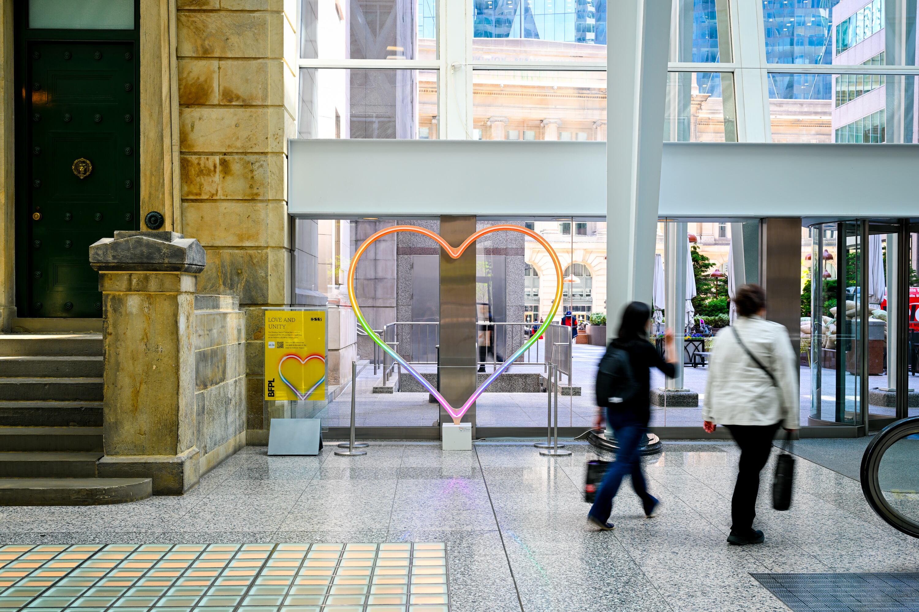 6 foot Our Glowing Hearts™ shinning brightly in rainbow LED at Bay Adelaide Centre, Brookfield Place, and First Canadian Place in support The 519 and its commitment to the health, happiness, and full participation of 2SLGBTQI+ communities.