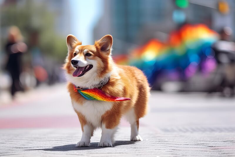 Fashionable corgi dog in pride parade. Concept of LGBTQ pride, diversity of the LGBT community, the spectrum of human sexuality and gender.