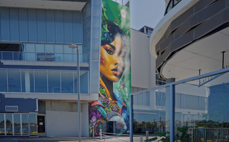 angle view from a distance of the Sofles Mural "Portside Portal"