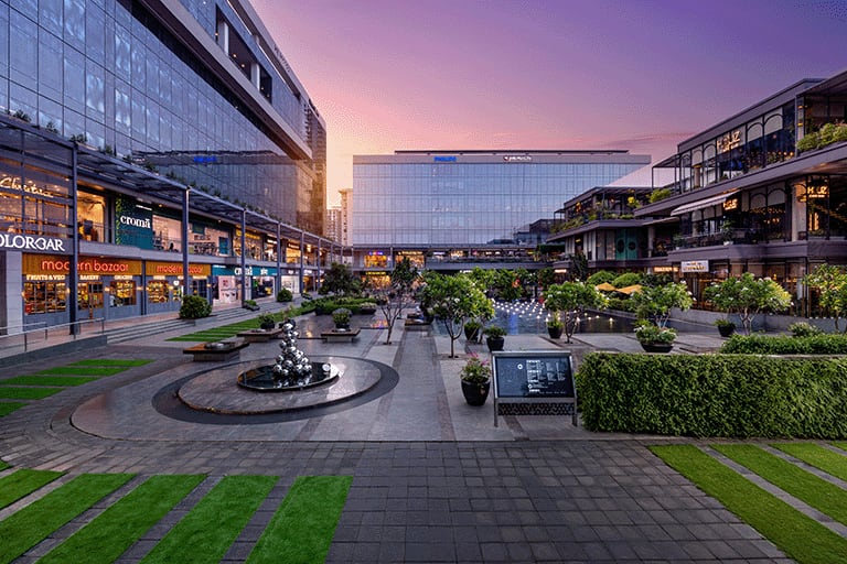 Sunset outside offices and courtyard