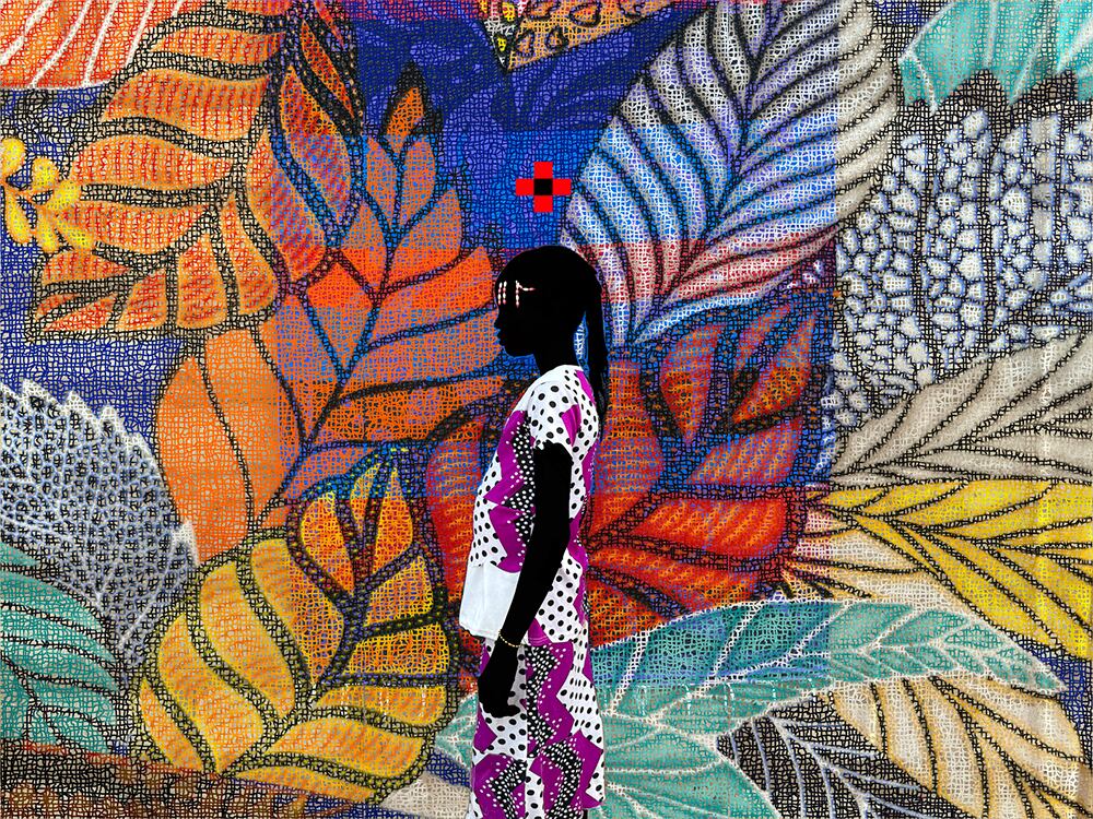 Silhouette of a person standing in profile facing right, wearing a patterned dress with white, black, and purple shapes. Small decorative dots appear on the face. The background is a dense, colourful abstract pattern resembling overlapping leaves in orange, blue, yellow, teal, and beige. A red cross symbol appears above the figure’s head. The image has a textured, textile-like appearance with bold colours and intricate linework.