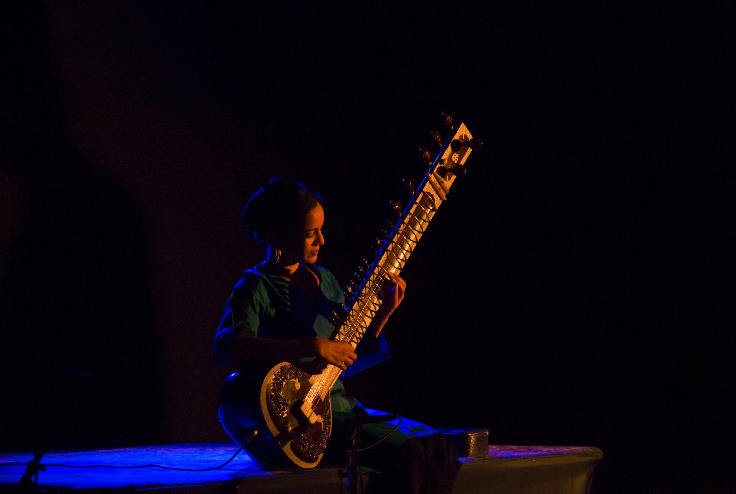 woman performing stringed instrument on dark stage