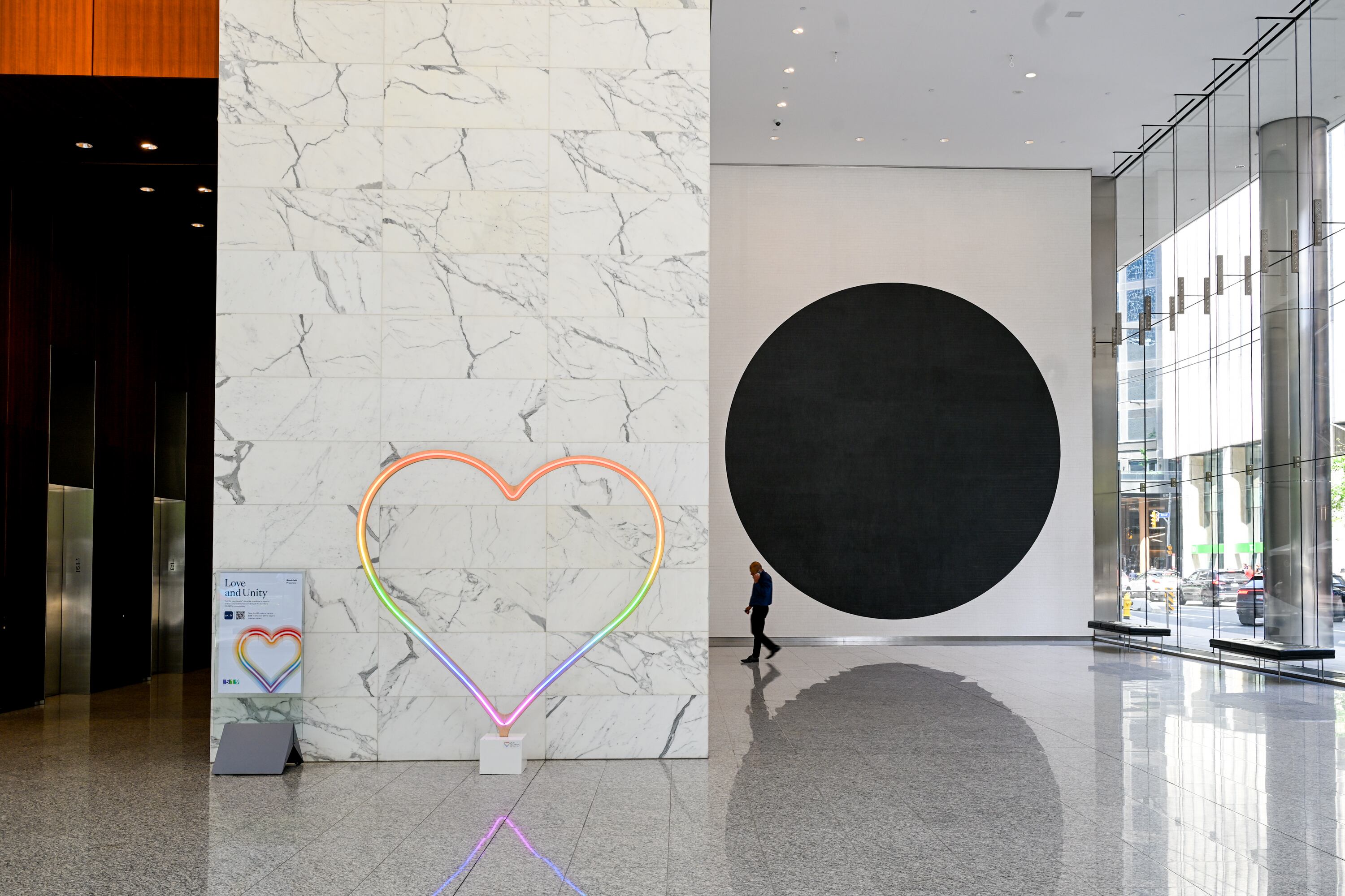 6 foot Our Glowing Hearts™ shinning brightly in rainbow LED at Bay Adelaide Centre, Brookfield Place, and First Canadian Place in support The 519 and its commitment to the health, happiness, and full participation of 2SLGBTQI+ communities.