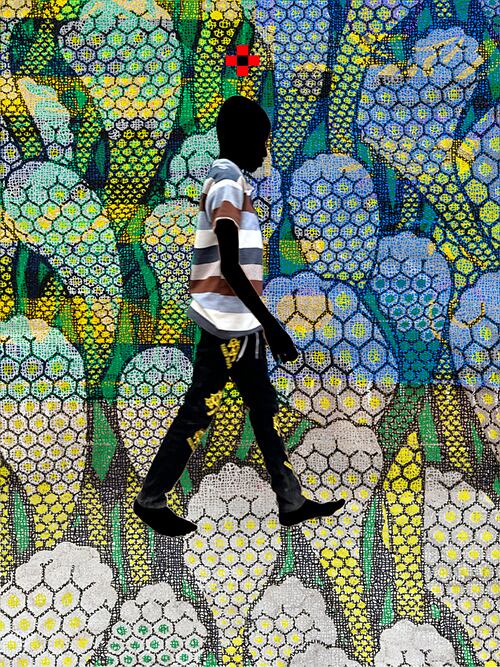 Silhouette of a person walking from left to right, wearing a short-sleeve striped shirt and dark pants. The figure appears completely black against a vibrant, patterned background filled with honeycomb-like shapes in blue, green, yellow, and white. A small red cross symbol floats above the person’s head. The overall scene feels graphic and collage-like, with strong contrast between the dark figure and the colourful abstract background.