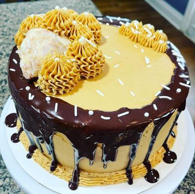 yellow cake with chocolate drizzle