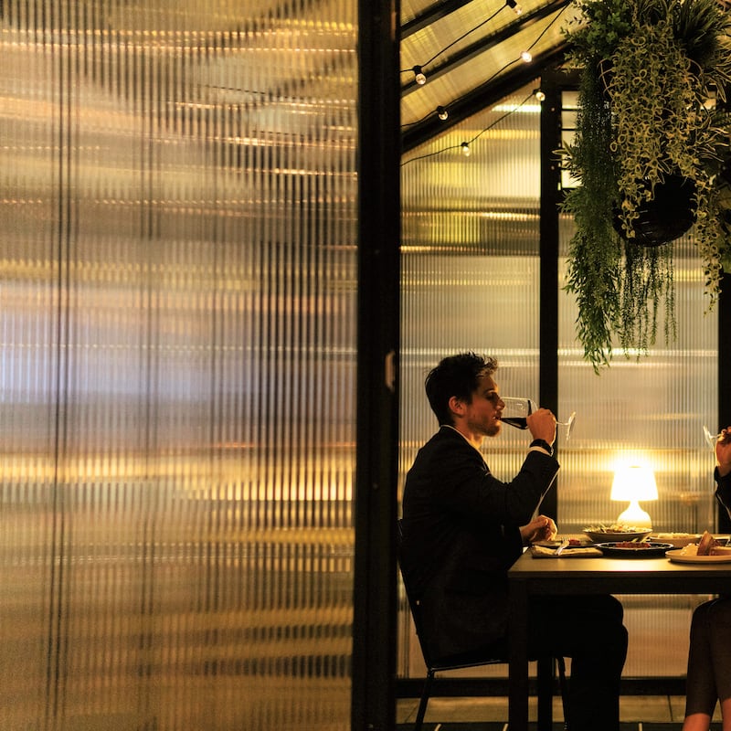 Two people dining inside a glass house during the evening. They are sitting at a table drinking wine facing each other. The man is on the left and woman on the right.  There is a sign on the glass house that says BFPL. There is a big green plant hanging over the table and a small light on the table.