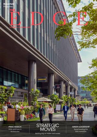 Cover of Brookfield Properties' 'The Edge' magazine showing a modern commercial building with people walking along a landscaped outdoor promenade, featuring headlines on Pride March, Strategic Moves, and Green Leadership.
