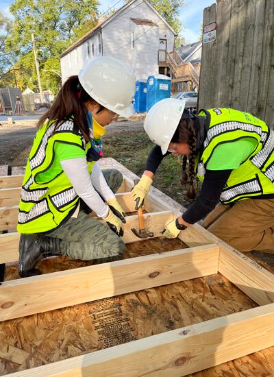 construction workers and volunteers