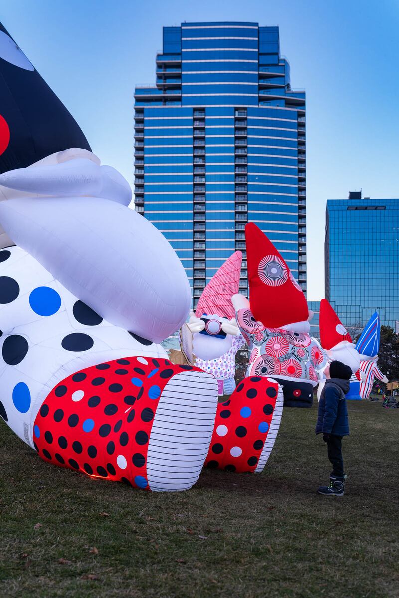 Larger than life size light up gnomes that are on display