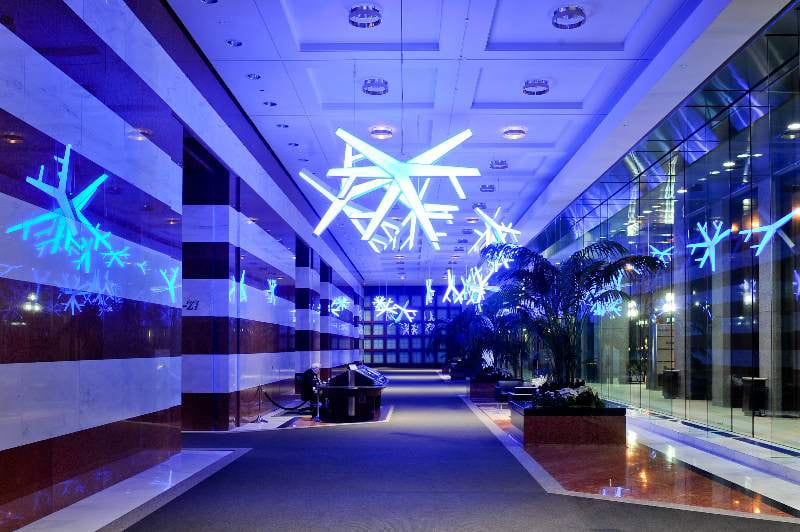 SNOWFALL. FROST a 20-foot tall interactive sculpture, and GUST a series of hanging sculptures  designed by Studio F Minus to illuminate Brookfield Place for the holiday season.