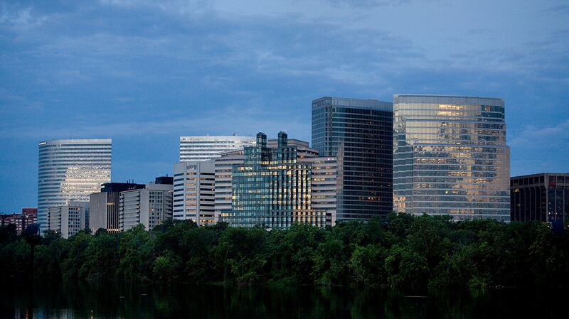 office buildings at dusk