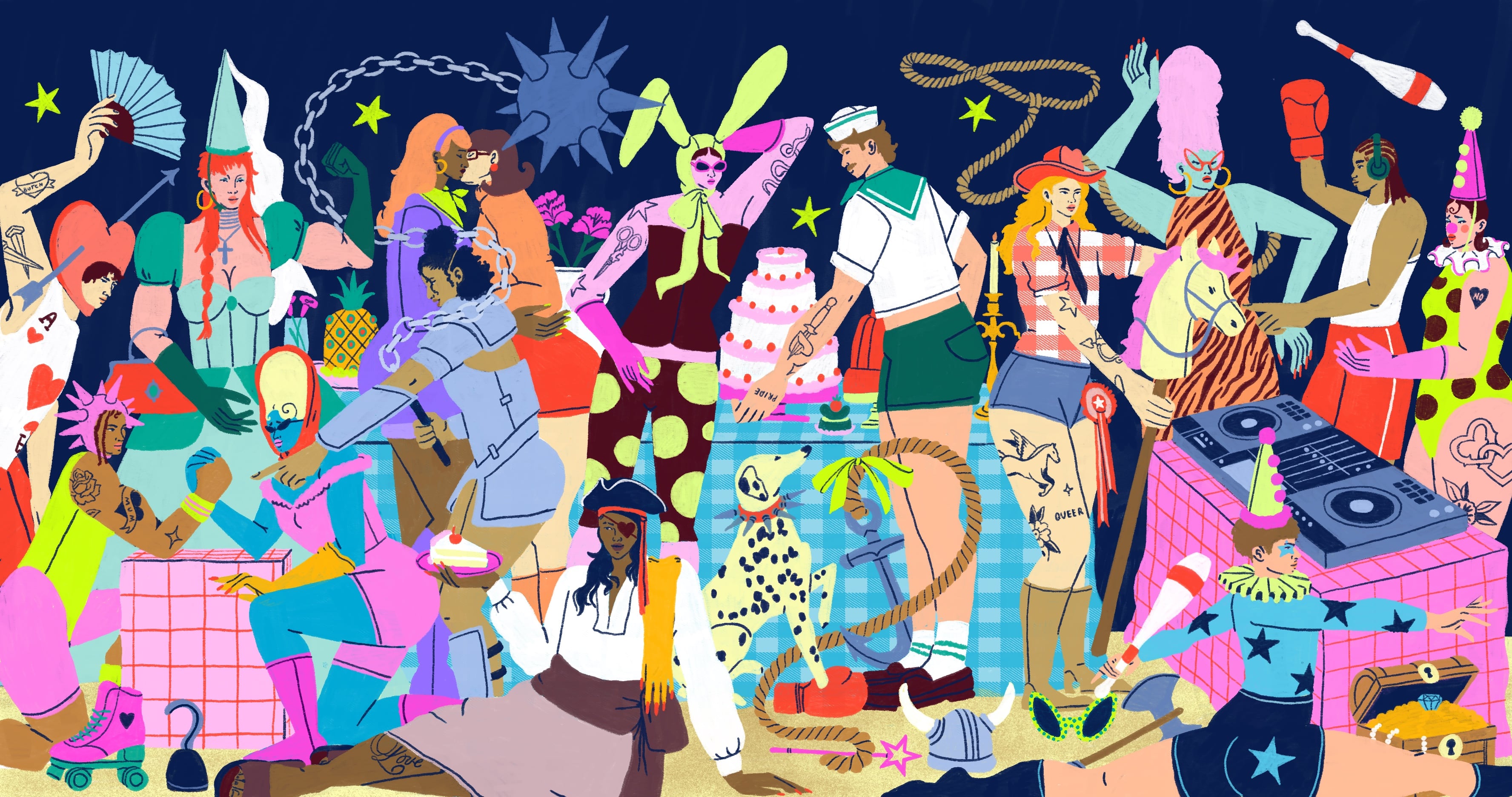 A colorful, whimsical illustration of a crowded costume party set against a dark blue background. Around a long picnic table covered with blue-and-white checkered cloths, more than a dozen people of varying appearances wear imaginative outfits and props. Costumes include a clown, sailor, pirate, cowgirl riding a hobby horse, boxer, DJ, armored knight, roller skater, and several fantasy-inspired characters with oversized hats, wigs, masks, and bright accessories.
The scene is packed with playful objects: a tiered cake, pineapples, flowers, ropes, chains, juggling clubs, a spiked mace, candles, treasure chests, a spotted dog, party hats, masks, and DJ turntables. Figures interact casually—dancing, posing, serving cake, handling props, and socializing. The artwork uses bold neon colors such as pink, lime green, turquoise, orange, and purple, creating an energetic, festive atmosphere. The style is flat, hand-drawn, and highly decorative, with overlapping characters and surreal details filling nearly every part of the image.