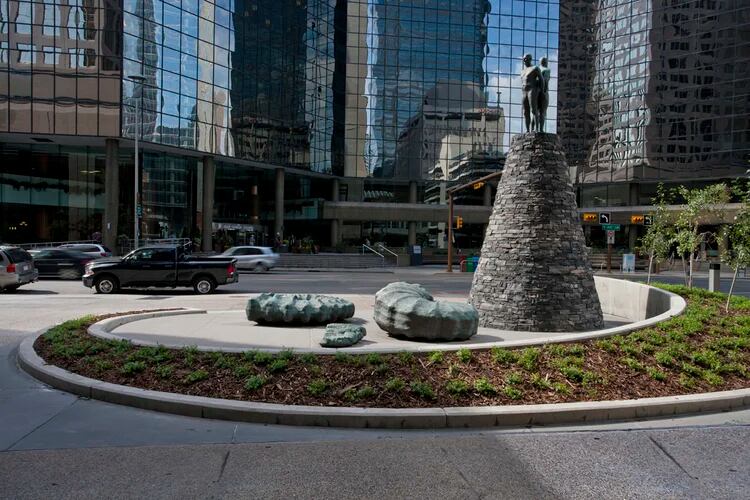 statue in plaza outside Bankers Hall in Calgary
