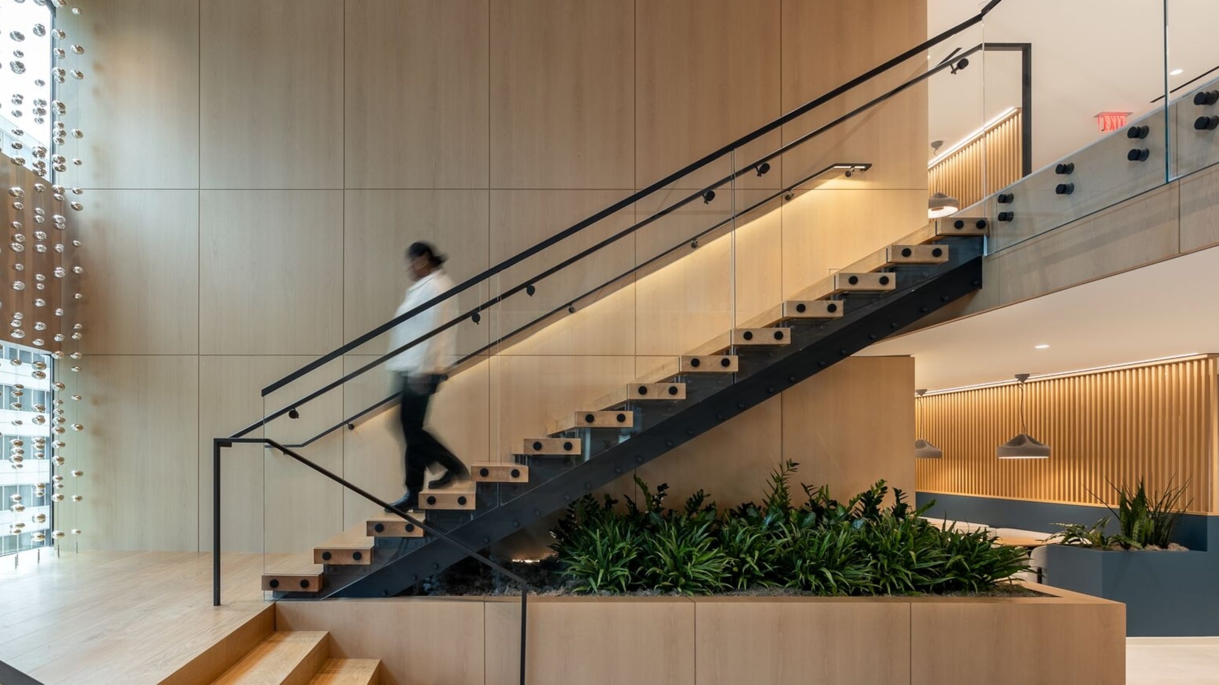2 sets of staircases with someone walking down the second one.  The first one in the foreground is lightered colored wood and only 5 steps, quite wide. The other steps are a full staircase.  On the left side there are large windows. Under the larger stairs is a plant box with green plants.