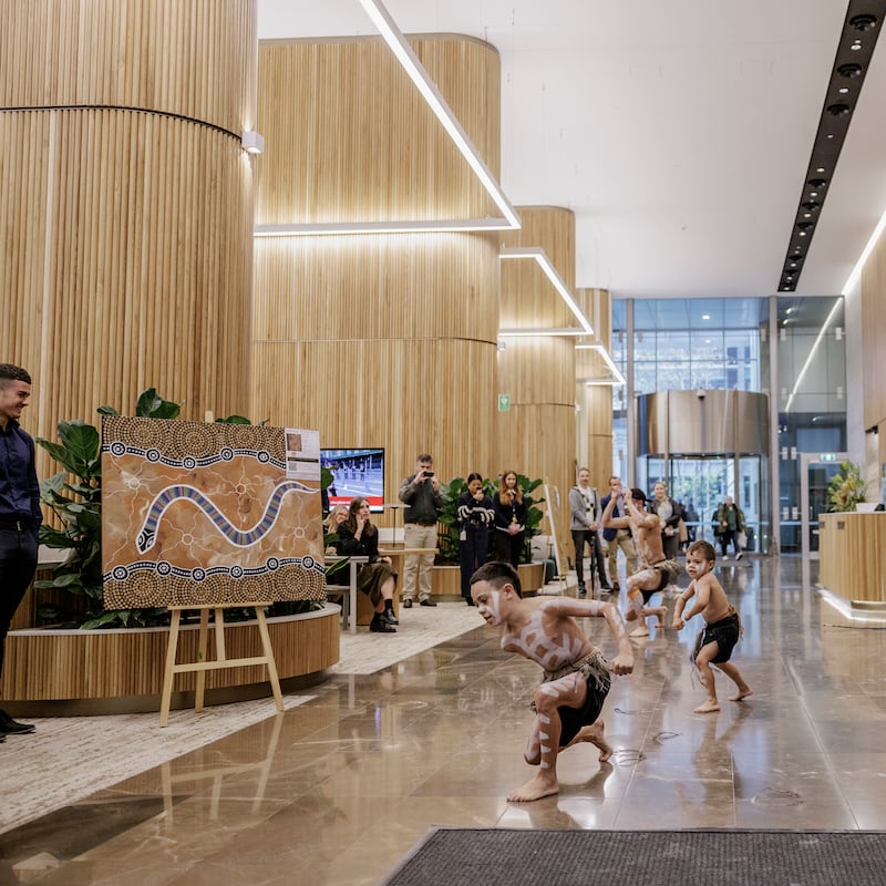 First Nations Brolga Dance Academy performance in the lobby