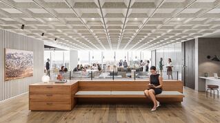 modern office space, woman sitting on bench