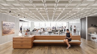 modern office space, woman sitting on bench