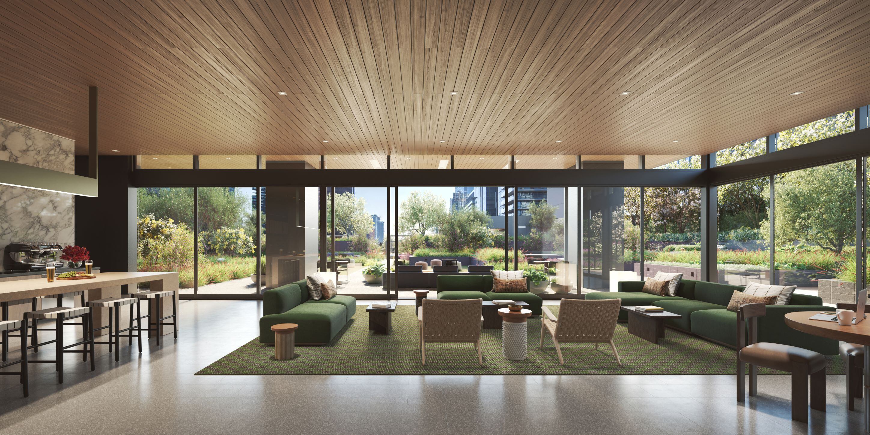 View of the community room with chairs and windows