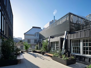 Outdoor space with plants and benches.