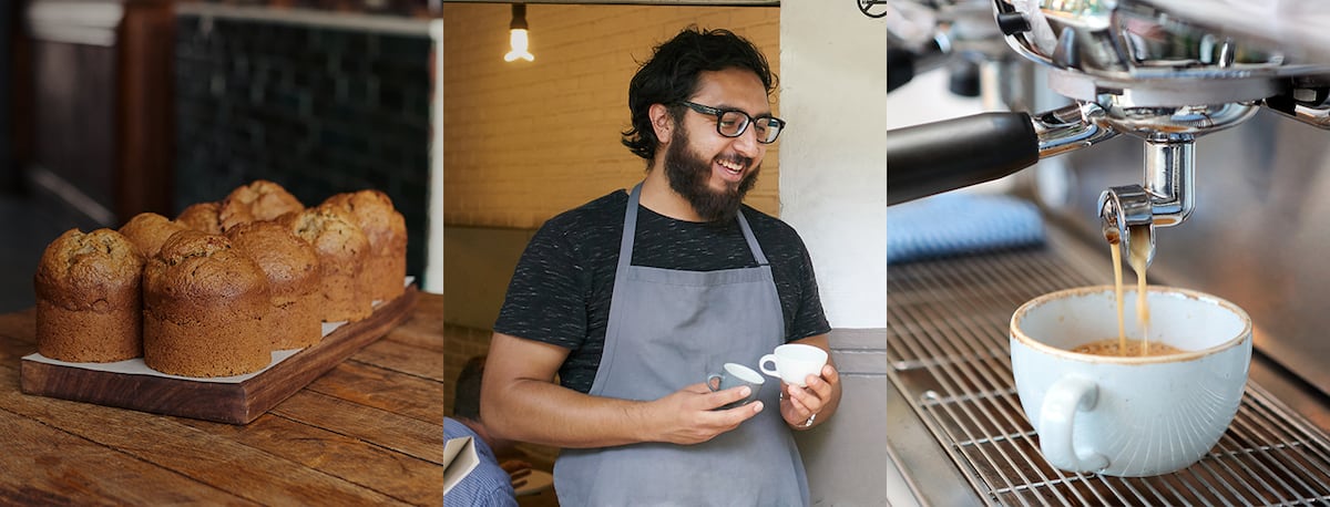 Man in coffee shop making espresso