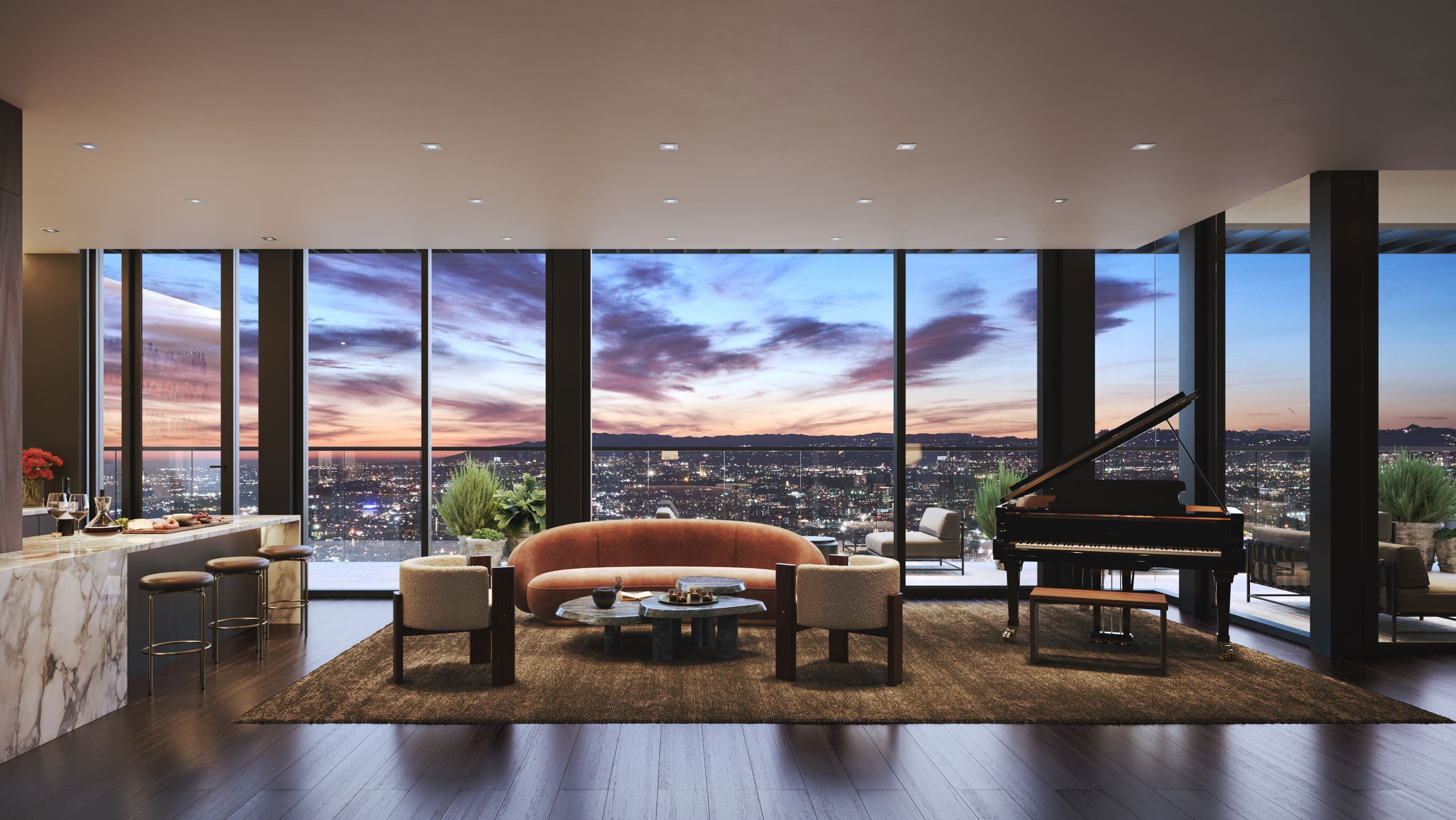 Soft seating area with grand piano and view of the city out the window